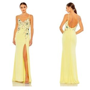 New MacDuggal yellow spectacular Multicolor beaded floral cami gown, Size 6